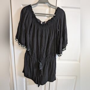 Anthropologie Lilka Black Off-Shoulder Pompom Sleeve Boho Romper